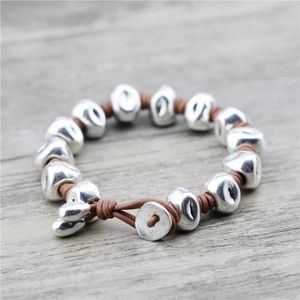 Chunky Silver Bead Leather Bracelet